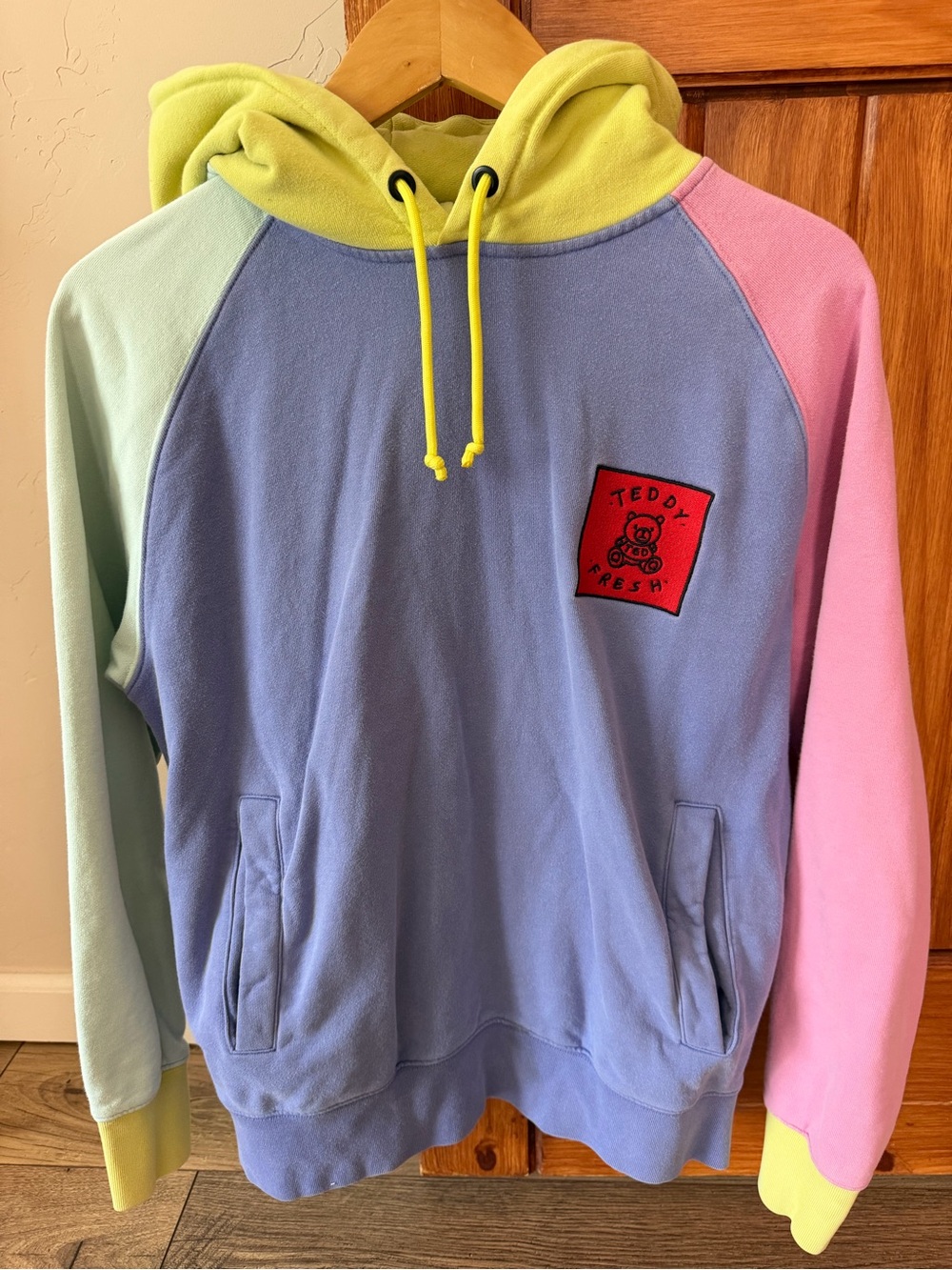 Teddy Fresh Colorblock Hoodie Pastel Multi Color Bear Logo Sweatshirt Small EUC